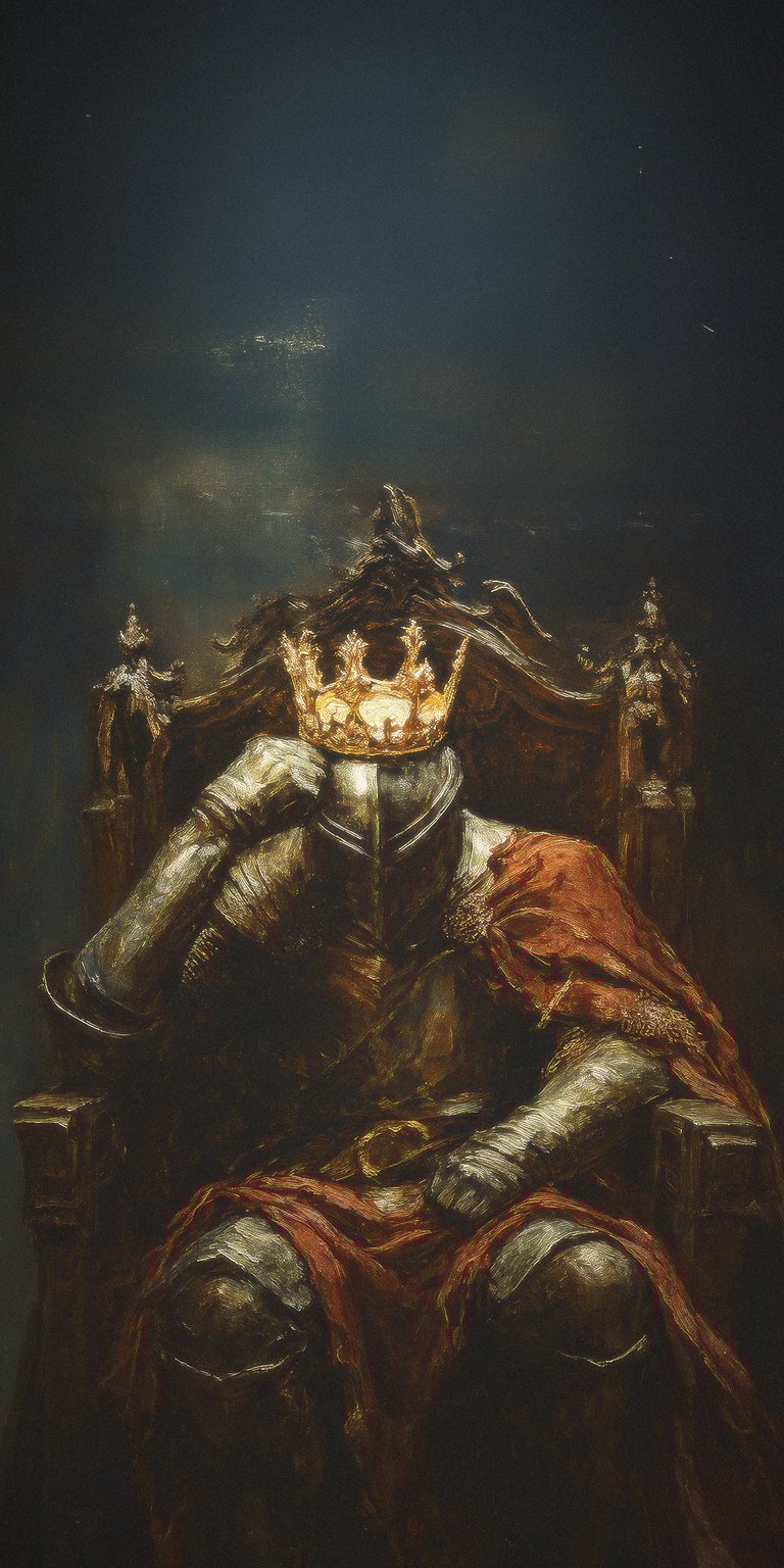 Download this epic King Knight wallpaper in 4K for your iPhone, showcasing a knight in shining armor with a golden crown, seated upon a majestic throne with a deep red cape. This wallpaper highlights the intricate details and the brooding atmosphere, perfect for your device.