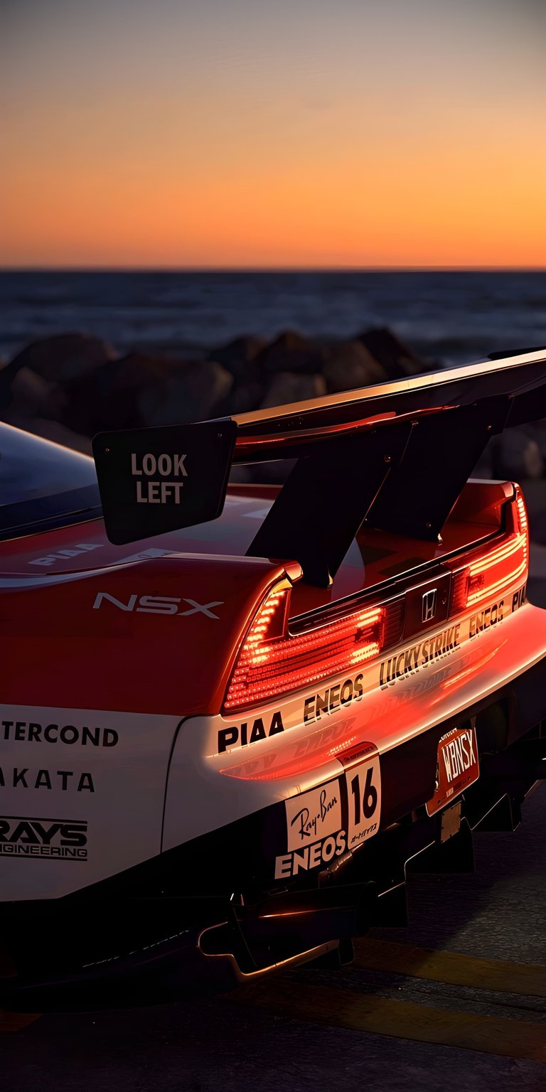 Get this stunning NSX wallpaper in 4K for your iPhone! This wallpaper highlights the rear of the car near the coast, featuring the "Look Left" sign and sleek tail lights.