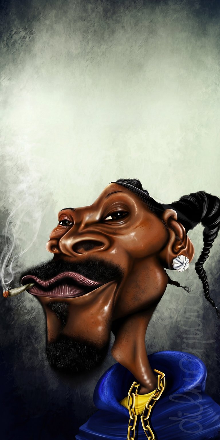 Download this hilarious Snoop Dogg 4K wallpaper for your iPhone, featuring a caricature of the iconic rapper. This wallpaper showcases a comically exaggerated portrait, highlighting his braids, gold chain, and a smoking cigarette.