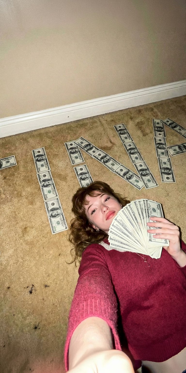 Download this striking TINA4P 4K wallpaper for your iPhone, showcasing her lying on the floor surrounded by cash. This wallpaper features the subject in a red sweater with a fan of hundred dollar bills.