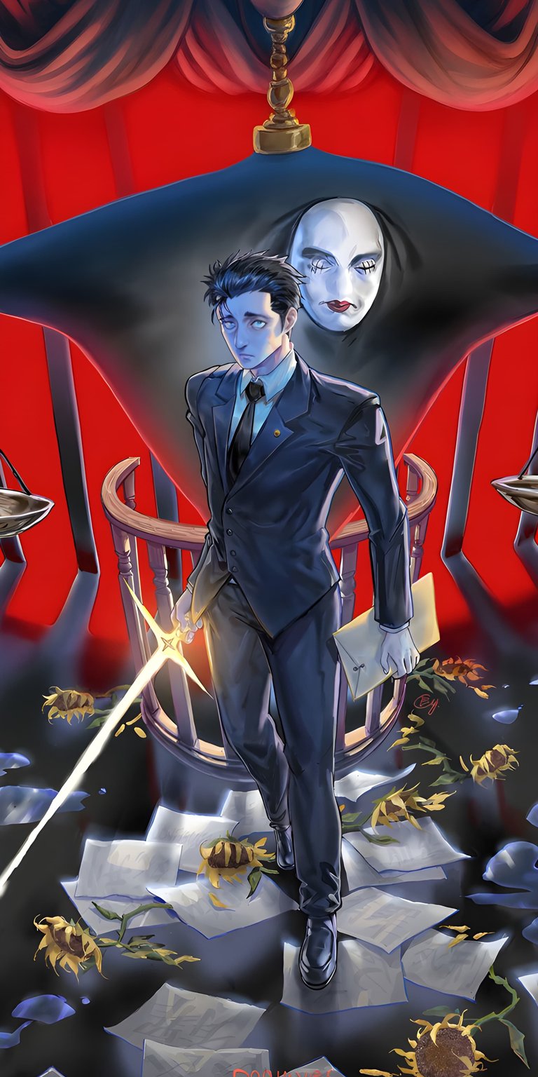 Download this striking Elias Ainsworth 4K wallpaper for your iPhone. This wallpaper features Elias in a suit, a mysterious white mask in the background, and scattered sunflowers and letters on the floor.