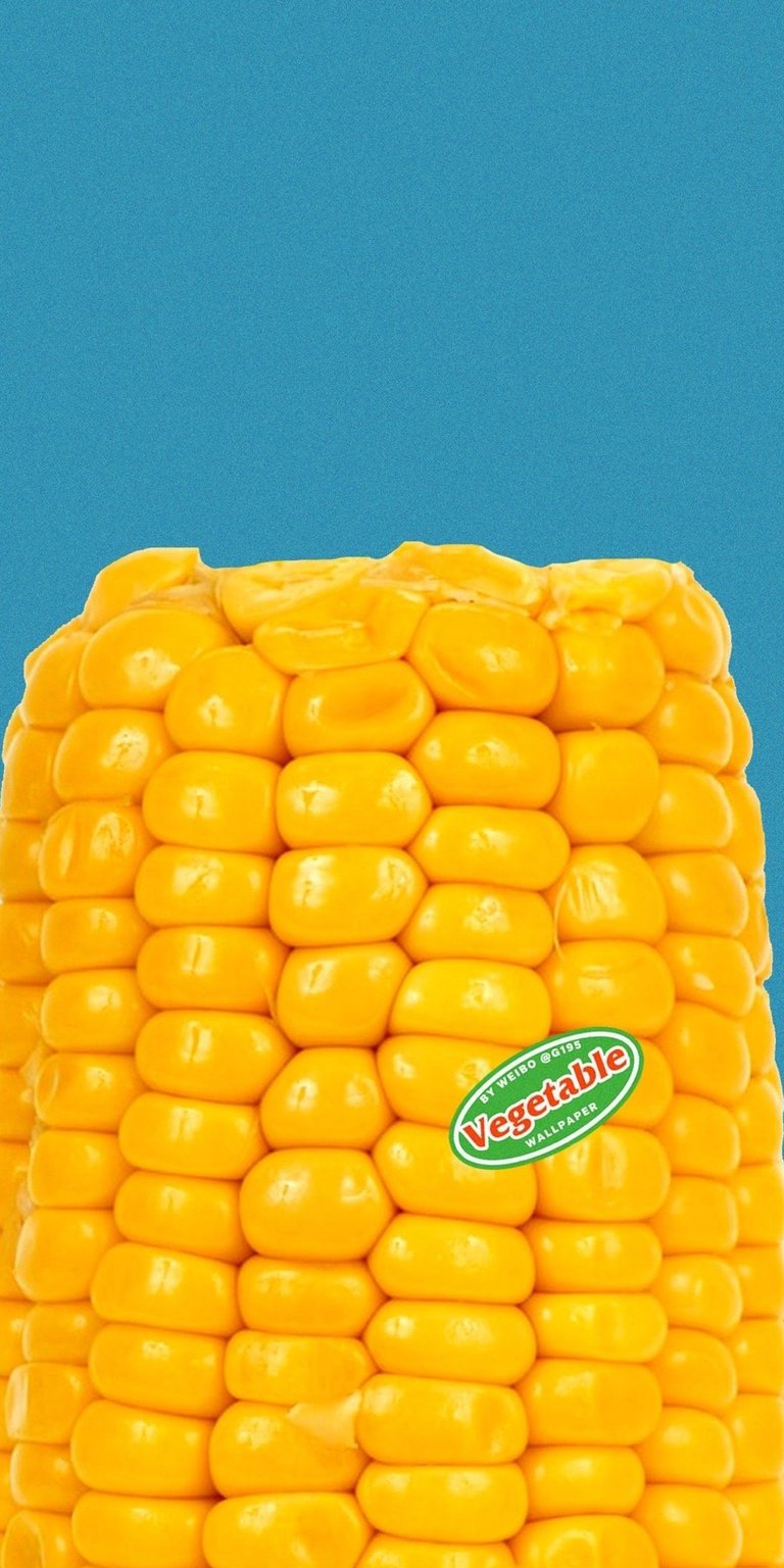 Download this striking Corn 4K wallpaper for your iPhone, displaying rows of golden kernels and a "Vegetable Wallpaper" logo. The bright yellow corn pops against a blue background.