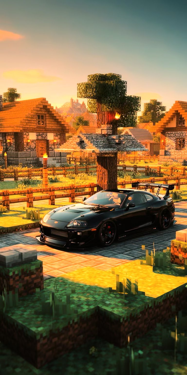 Description: This wallpaper captures a modified black sports car resting beneath a massive, block-built oak tree. Set against a sprawling Minecraft countryside during the "golden hour," the image emphasizes the contrast between the smooth curves of the vehicle and the rigid geometry of the Minecraft world. The vibrant greens and soft orange hues provide a peaceful yet powerful aesthetic for any screen.