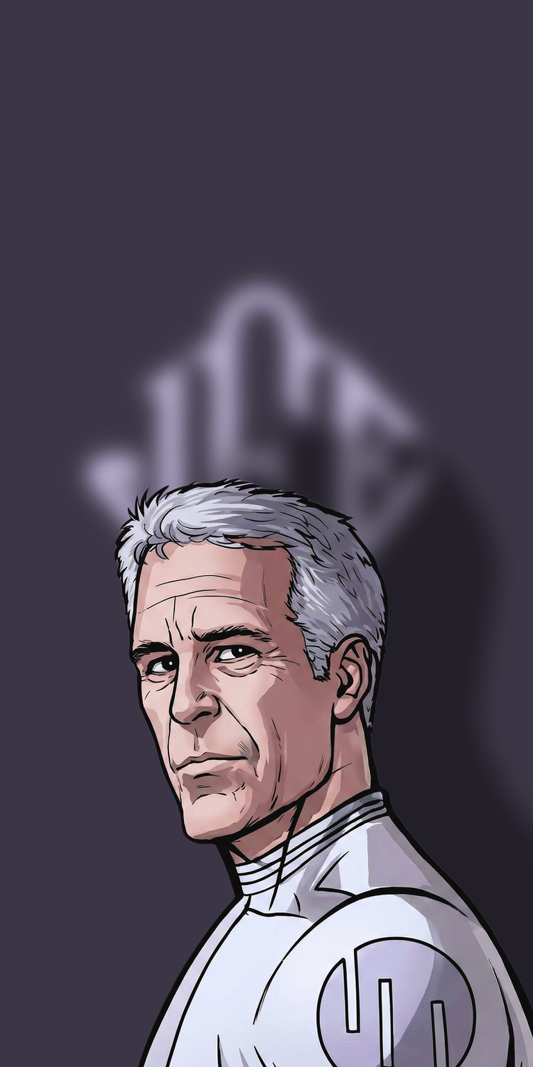 A stylized Jeffrey Epstein illustrated wallpaper featuring a grey-toned portrait with a blurred background emblem. This character-focused aesthetic wallpaper provides a sharp, high-contrast look for your iPhone.