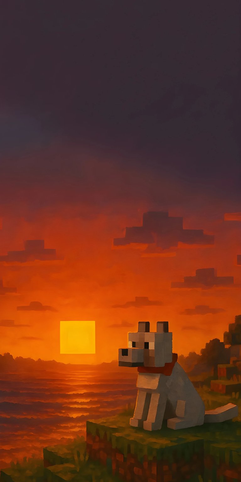 Minecraft sunset dog chilling wallpaper for iPhone 4K