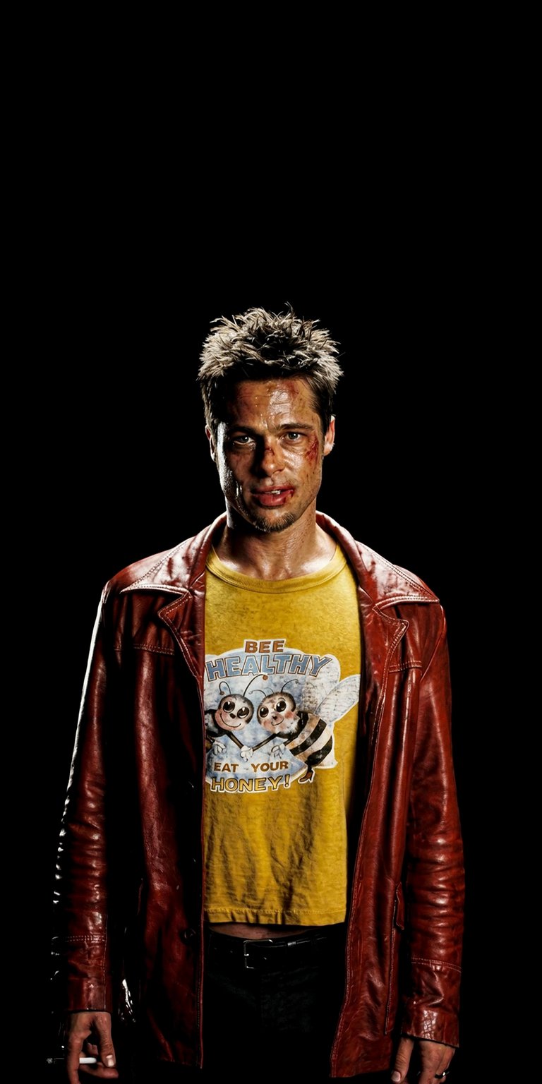 Download this Tyler Durden 4K wallpaper for your iPhone, featuring a bright yellow shirt with two cartoon bees. This wallpaper showcases Tyler with a bloody lip and a red leather jacket.