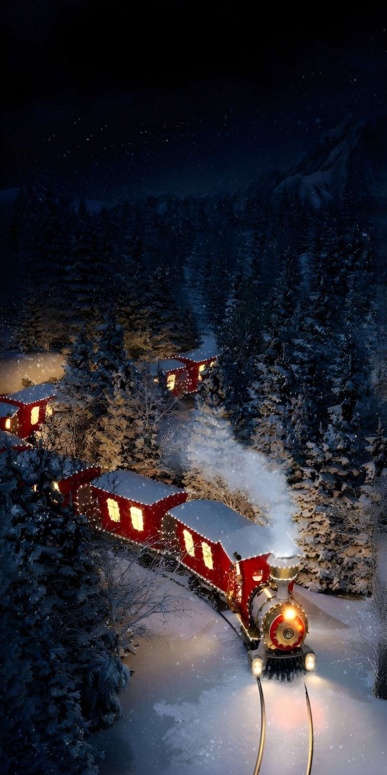 Download this captivating Christmas Train 4K wallpaper for your iPhone, showcasing a festive red train with glowing windows winding through a snow-covered forest. This stunning wallpaper features a starry night sky and the soft glow of lights on the snow.