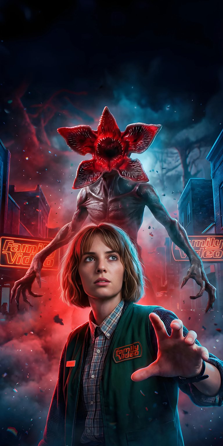 Download this captivating Robin Buckley wallpaper in 4K, featuring the haunting Demogorgon looming behind her. This stunning wallpaper, perfect for your iPhone, showcases Robin with short hair, a "Family Video" vest, and a eerie, red-lit backdrop with clawed hands.