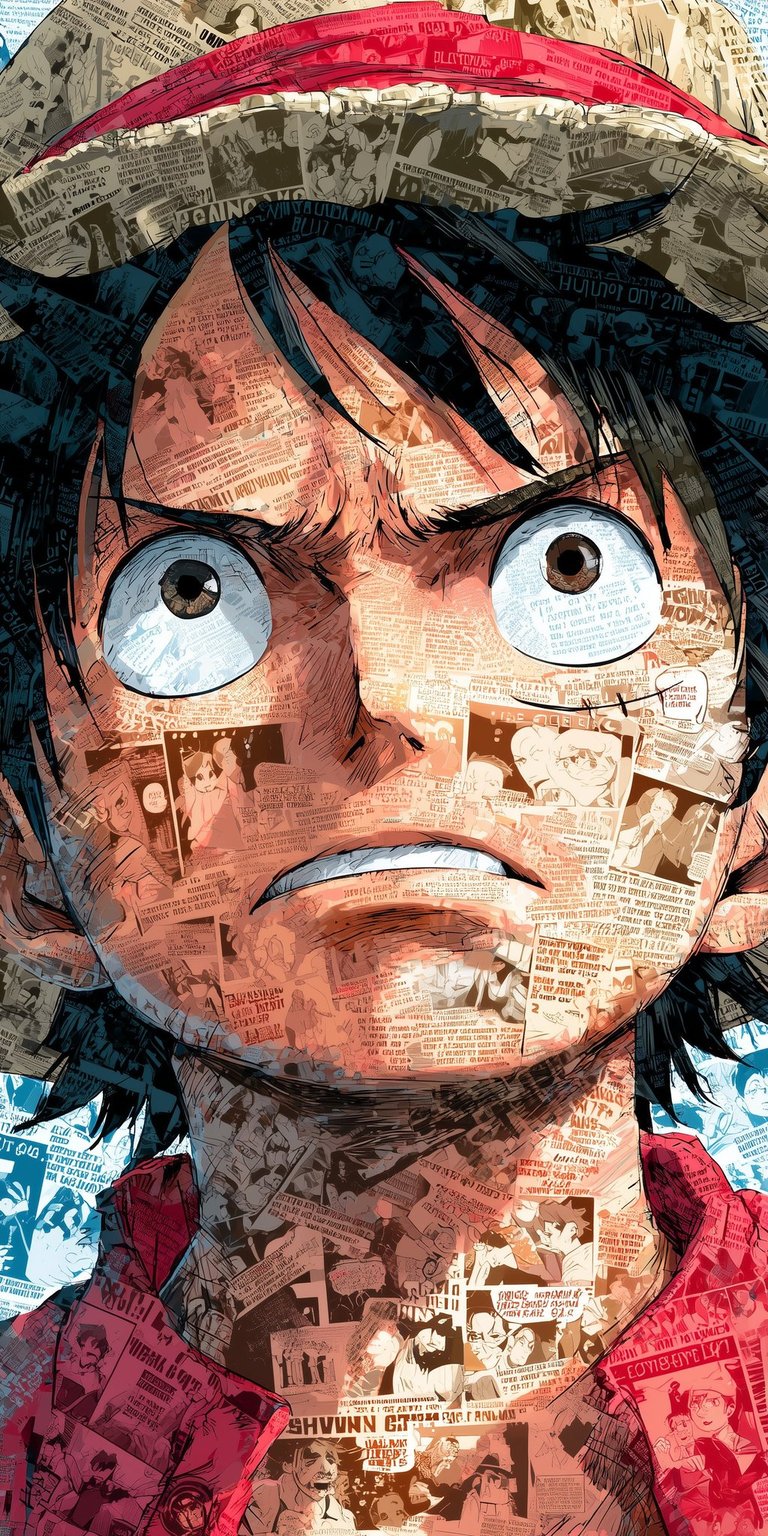 Download this intense Monkey D. Luffy 4K wallpaper for your iPhone, showcasing his determined expression. This unique wallpaper features a collage of newspaper clippings and manga panels covering Luffy's face and distinctive straw hat.