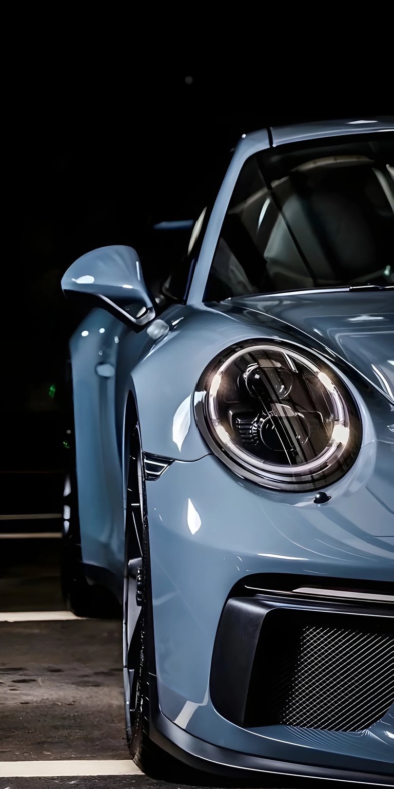 A high-definition vertical portrait of a Porsche 911 in the famous "Shark Blue" colorway. The wallpaper captures the front three-quarter angle, emphasizing the signature round headlights and aggressive front air intakes. A clean, studio-style shot for a professional and bold look.