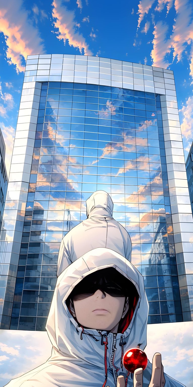 Download this stunning Yuji Itadori wallpaper in 4K, perfect for your iPhone. Notice the modern skyscraper reflecting the sky, the hooded figure, and the gleaming red orb.