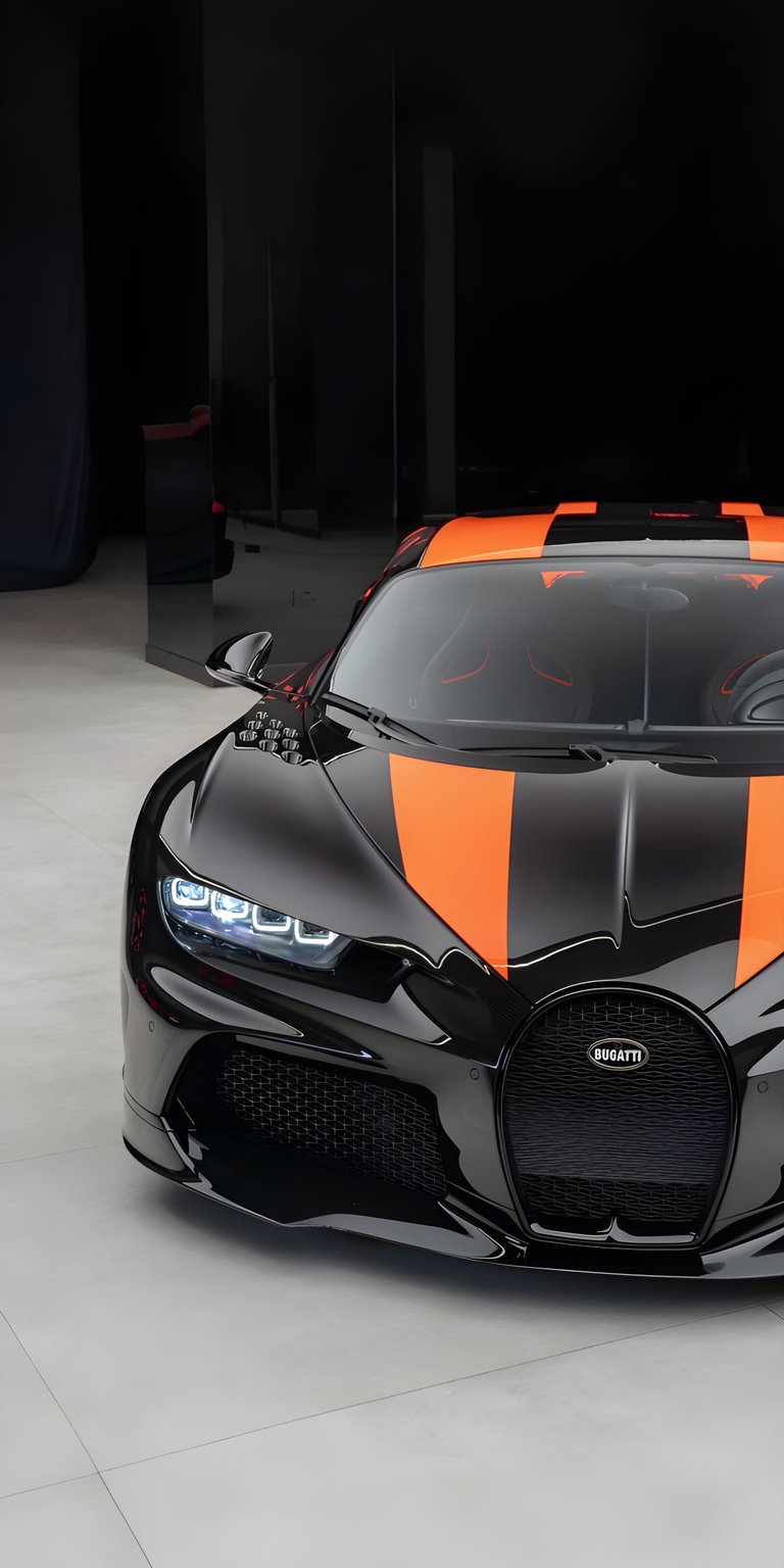 Experience the pinnacle of speed with this Bugatti Chiron Super Sport 4K wallpaper, featuring high-contrast orange racing stripes on a deep black finish. This premium OLED wallpaper is optimized for iPhone, highlighting the sharp LED headlights and aerodynamic curves against a dark, moody background.