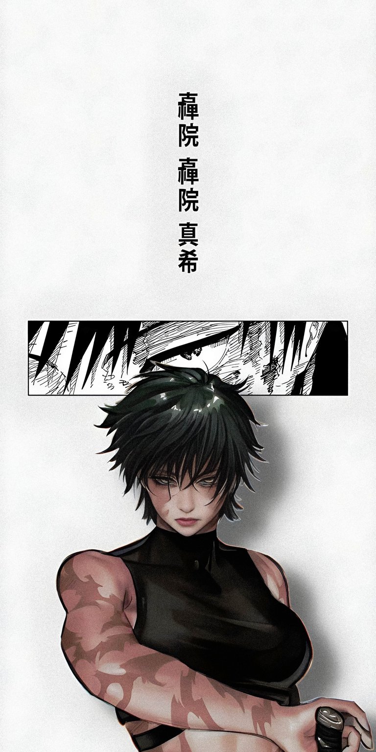 Download this intense Maki Zenin 4K wallpaper for your iPhone, featuring a manga-style panel with expressive eyes, distinct scar patterns on her arms, and a sleek, black outfit. This captivating wallpaper will enhance your mobile device's display.