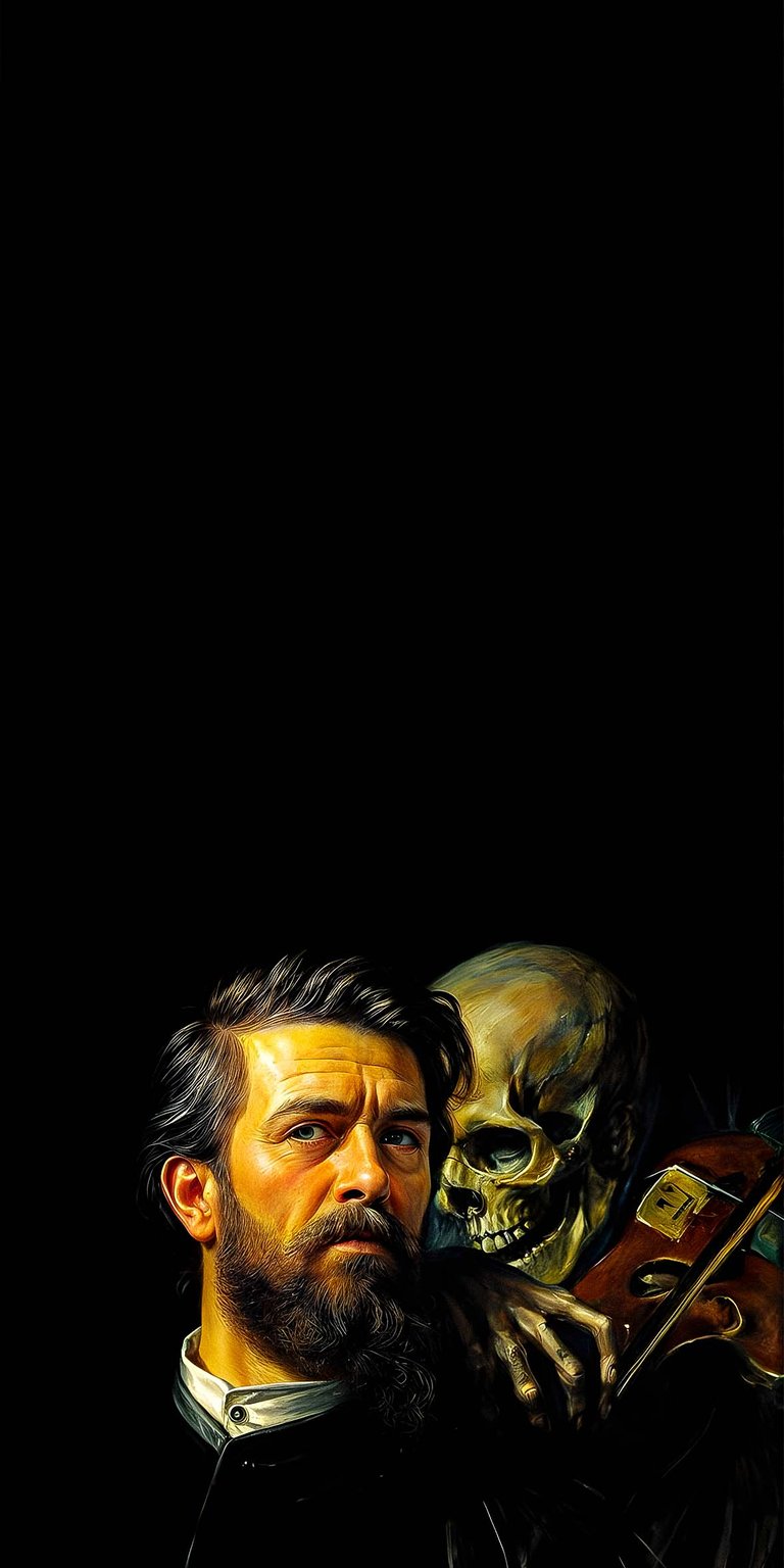 Death playing the fiddle with black background phone wallpaper