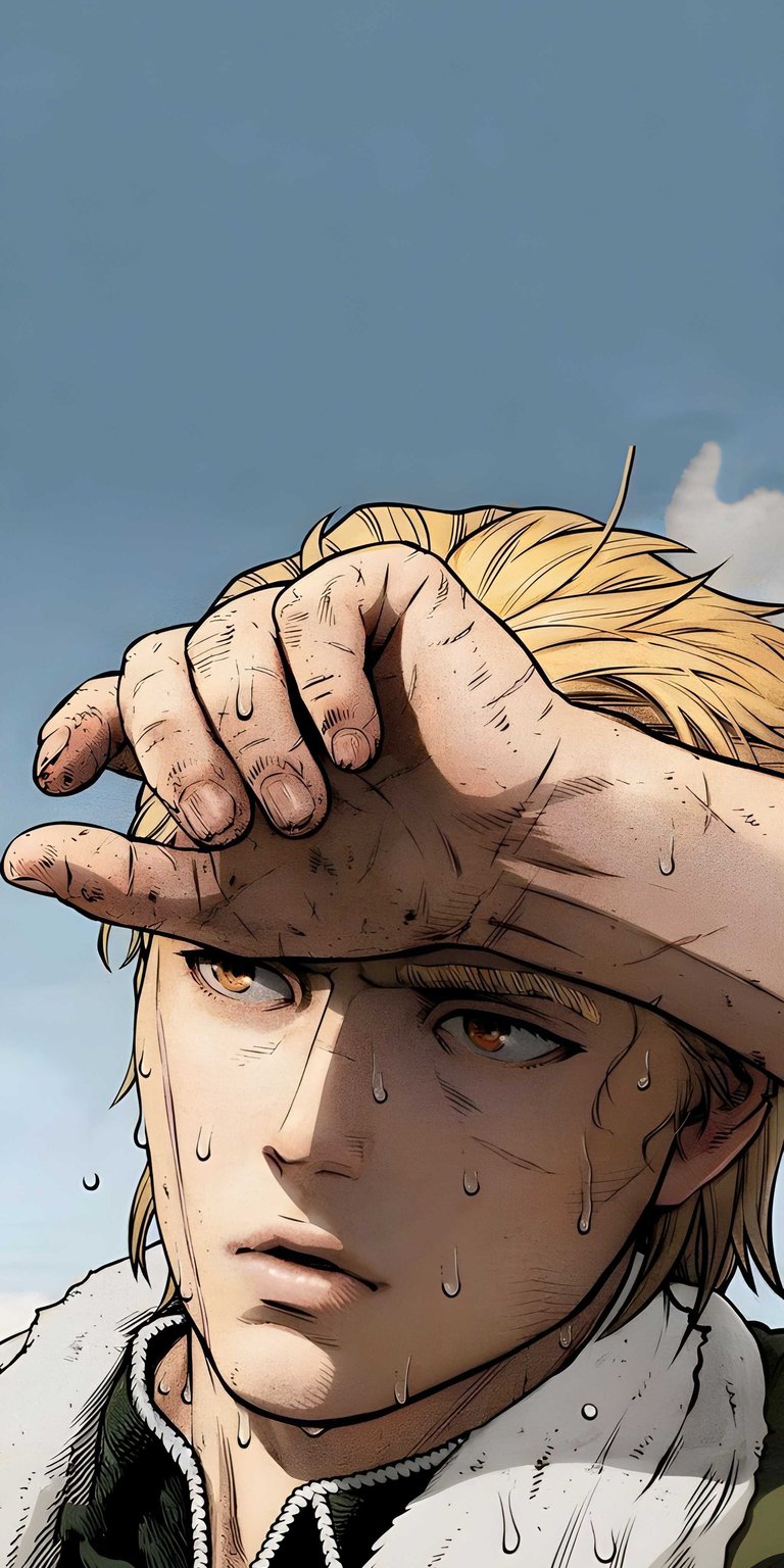 Download this Thorfinn 4K wallpaper for your iPhone, showcasing the character's intense focus and sweat-beaded brow. This stunning wallpaper captures Thorfinn's determination with incredible detail.