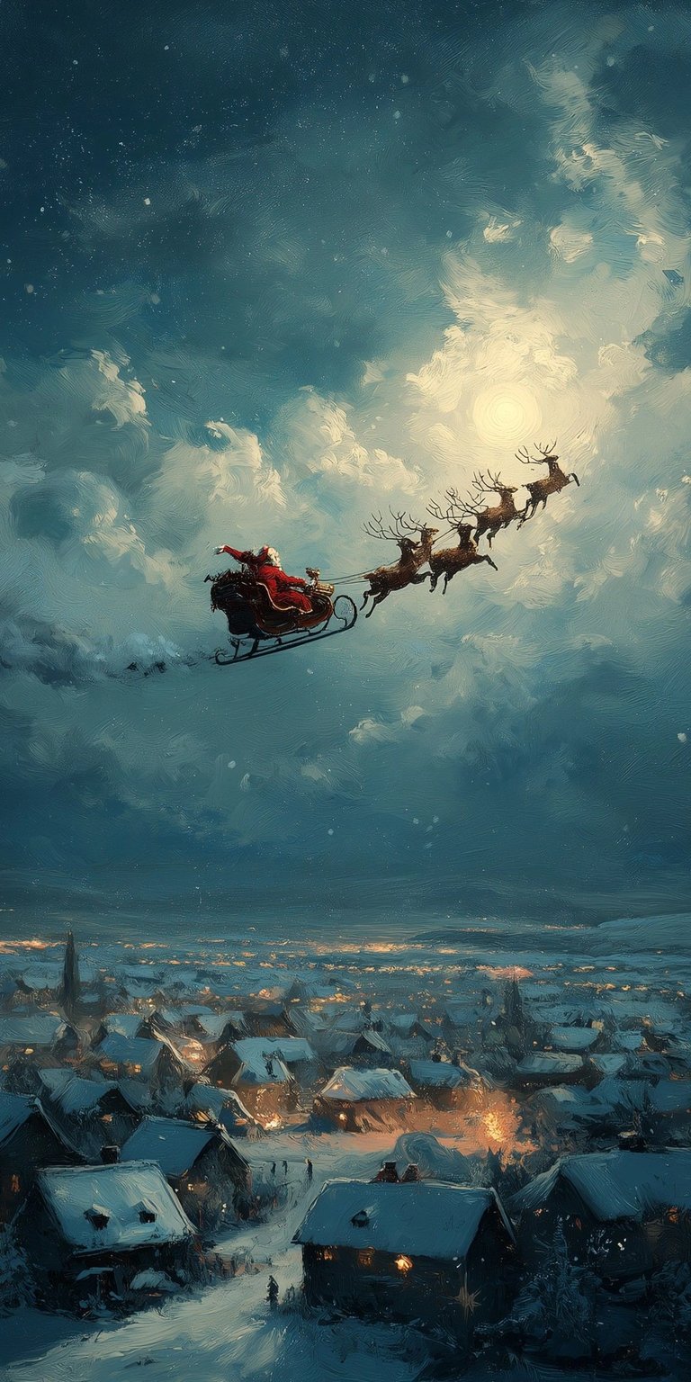 A breathtaking, painterly depiction of Santa’s sleigh flying over a snow-covered European village. The warm glow from the cottage windows contrasts beautifully with the cool blue tones of the snowy landscape and the dramatic cloudy sky. A nostalgic, storybook-style masterpiece for your phone.