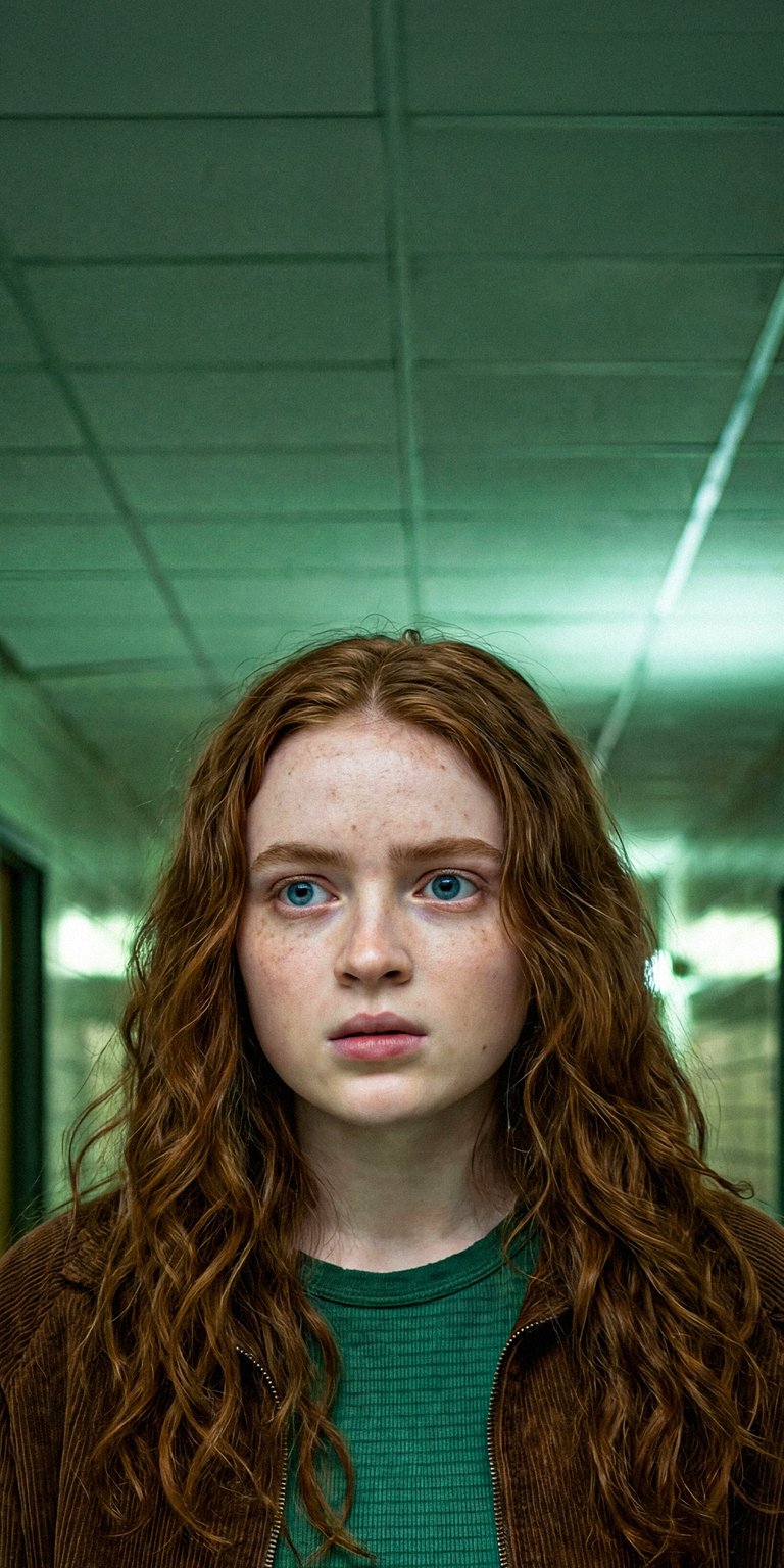 Download this striking Sadie Sink 4K wallpaper for your iPhone, showcasing her long, flowing red hair and distinctive freckles. This wallpaper captures her piercing blue eyes against a green background, making it a perfect choice for your device.