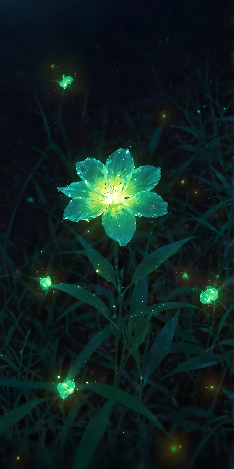 Mesmerizing glowing daylily flower 4K wallpaper for your iPhone. This stunning wallpaper showcases a luminescent teal flower, surrounded by glowing orbs and blades of grass.