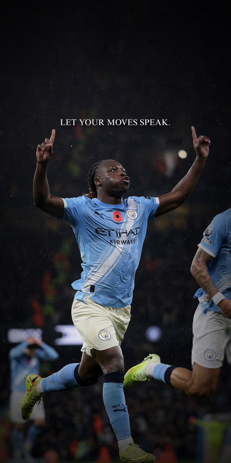 The wallpaper for iPhone features Belgian professional footballer Jérémy Doku, who plays as a winger for Premier League club Manchester City and the Belgium national team. The text overlay reads "LET YOUR MOVES SPEAK".