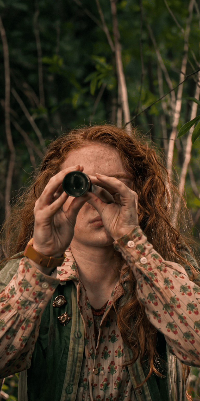 Download this Maxine 4K wallpaper for your iPhone featuring her red hair, watch and binoculars. This eye-catching wallpaper brings a touch of mystery to your device.