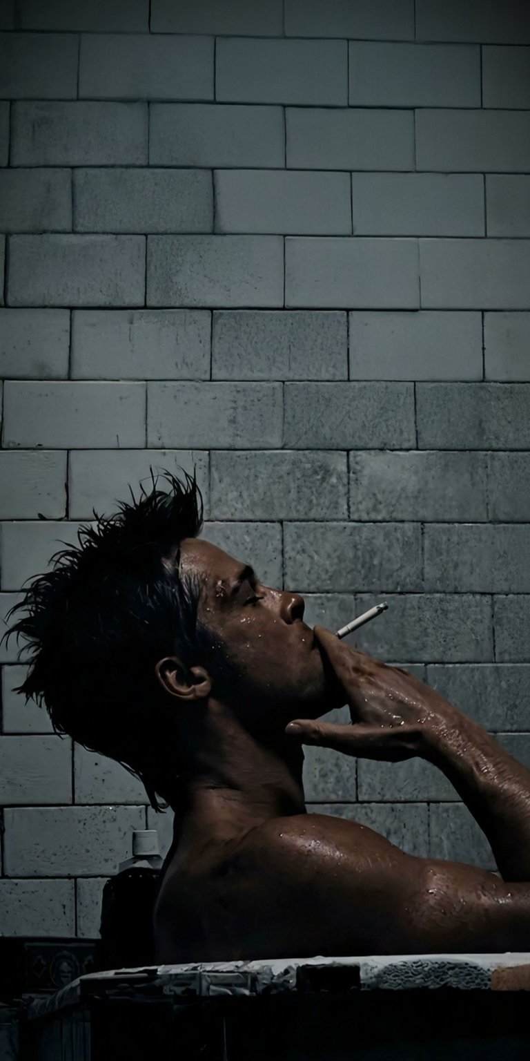 A dark, gritty 4K vertical wallpaper showcasing a shirtless Tyler Durden (Brad Pitt), leaning against a wet, dark grey subway-tile wall. He is smoking a cigarette, embodying the raw, disillusioned, and anarchic nature of his character. This high-contrast, moody image is perfect for fans of the movie's darker themes and aesthetic.