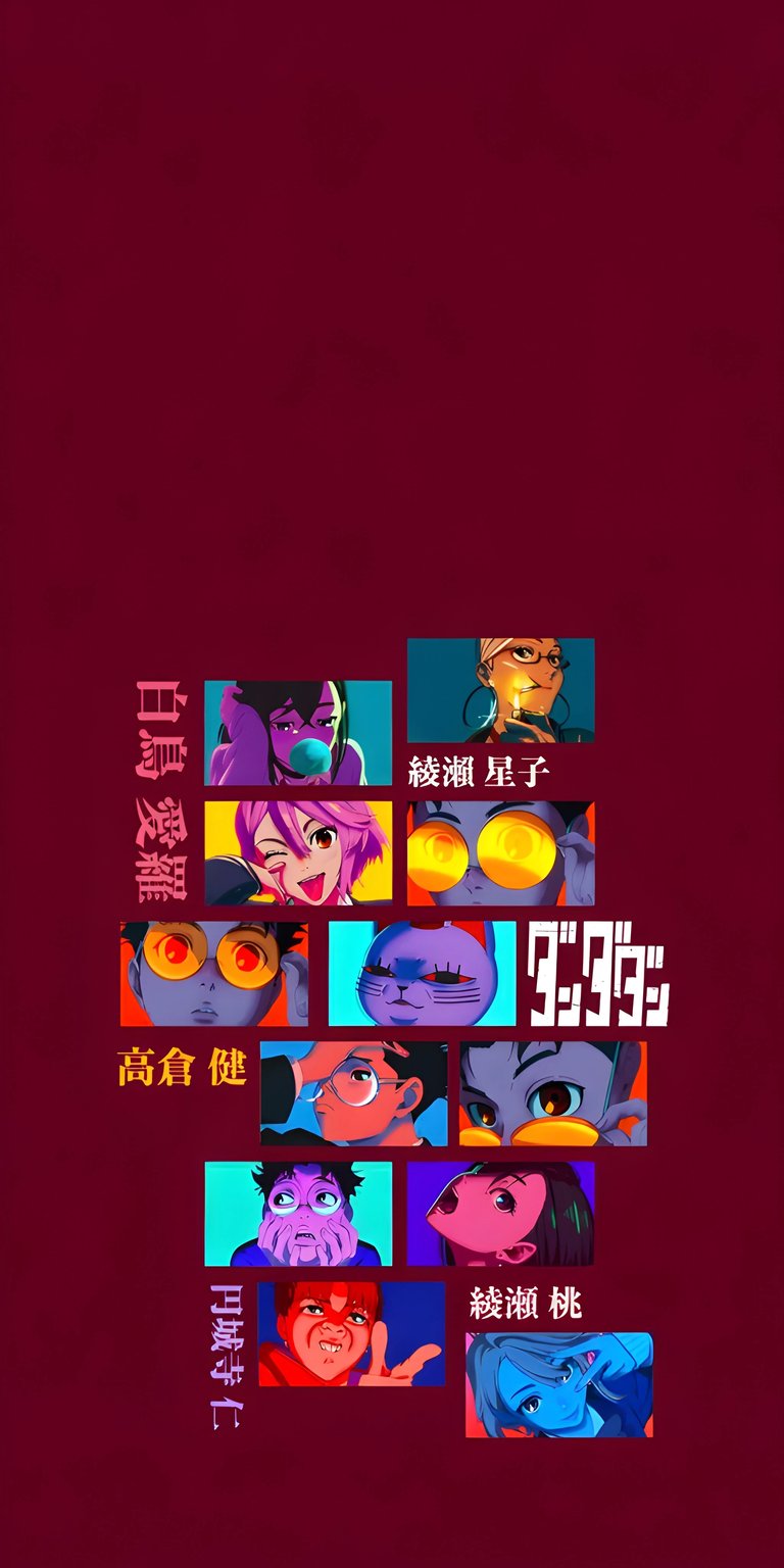 This Dandadan wallpaper is perfect for your iPhone, showcasing the series' iconic characters in vibrant 4K. The wallpaper features unique details like glowing yellow glasses, a cat with a gloomy expression, and characters rendered in a vivid, pop-art style.