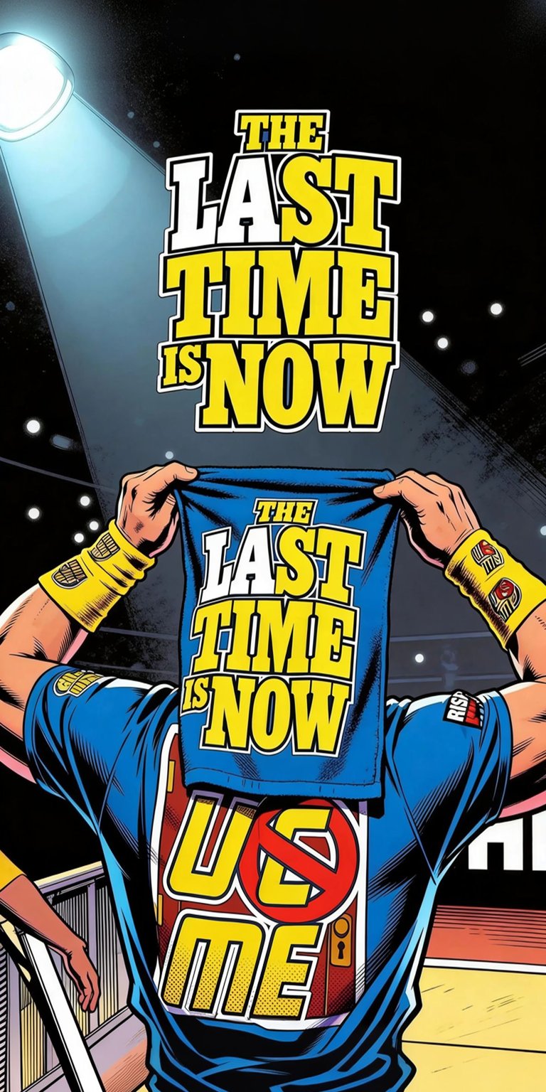 John Cena dramatically holds his iconic 'The Last Time Is Now' blue and yellow shirt over his head, an essential image for his character. The focus is on the intensity and determination of the WWE star, with a bold, action-oriented digital art style. Represents his powerful motto and dedication to the sport.