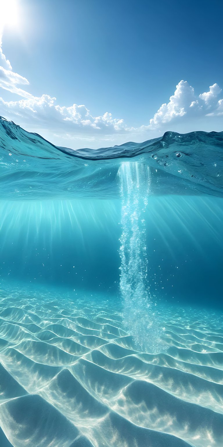 Download this serene underwater 4K wallpaper for your iPhone, showcasing a burst of air bubbles rising from the sandy floor. The sunlit clouds above shimmer through the crystal-clear water, creating a tranquil visual experience for your wallpaper.
