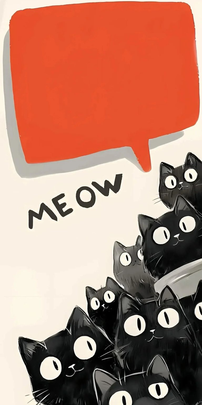 This high-quality 4K wallpaper features a charming and whimsical illustration of a group of wide-eyed black cats huddled together. A vibrant orange speech bubble at the top contains the playful hand-drawn text "MEOW," creating a fun and energetic aesthetic. The art style is clean and modern, blending kawaii influences with a minimalist color palette of black, white, and bold orange. Perfect for cat lovers and fans of cute, cartoon-style digital art who want a lively and adorable look for their mobile or desktop screen.