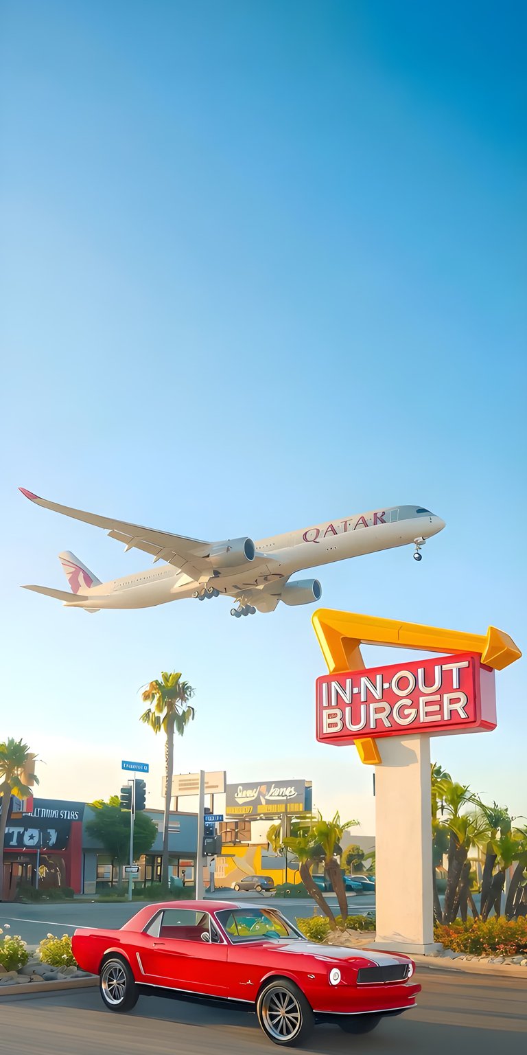 Get this cool Qatar and Mustang 4K wallpaper for your iPhone, featuring the sleek airplane over a classic red car. This stunning wallpaper captures the modern aircraft and retro automobile in a vibrant, urban landscape.