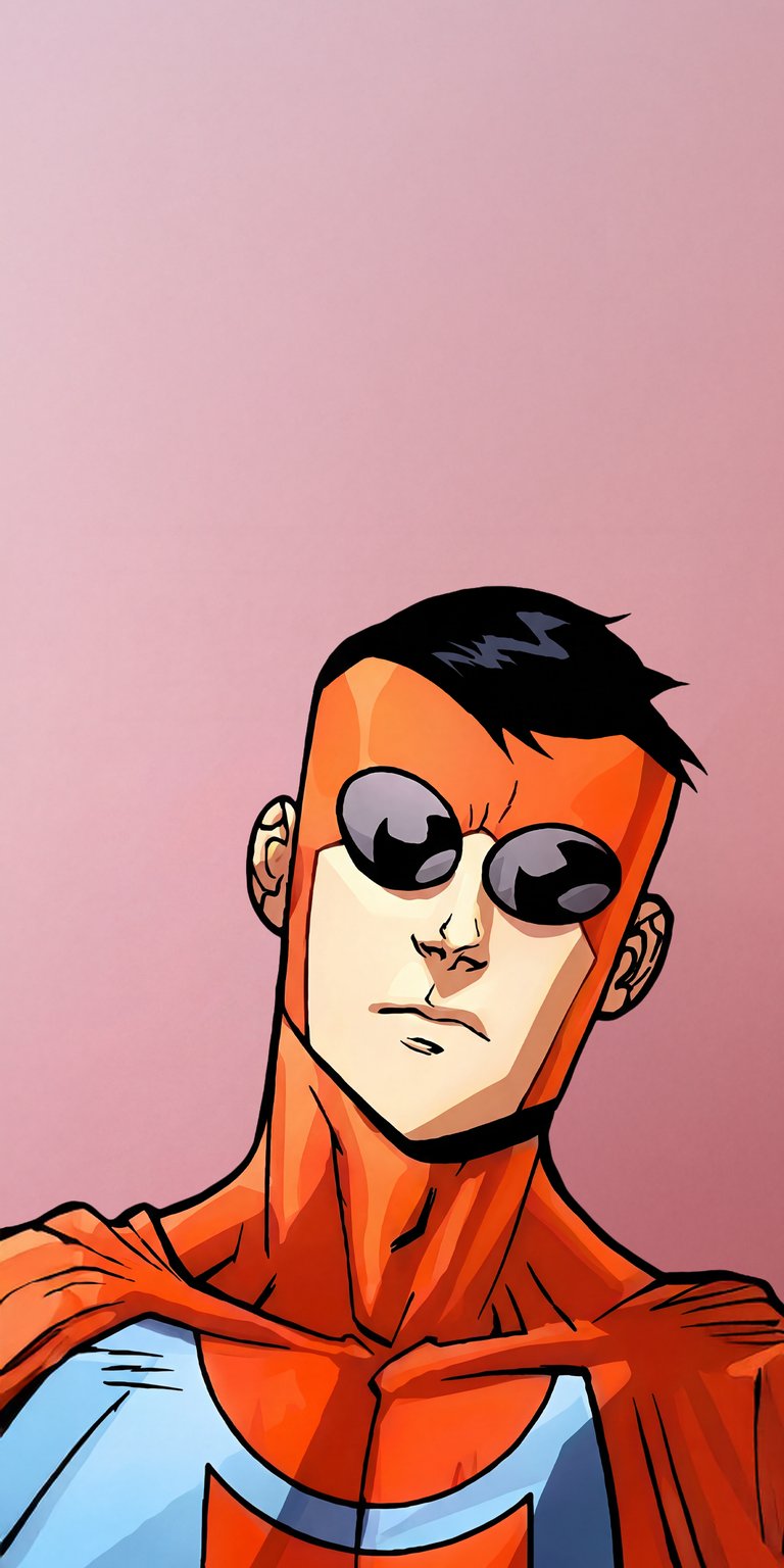 Invincible red suit wallpaper presented as an aesthetic wallpapers style wallpaper for iPhone, focused on a bold illustrated character portrait. This wallpaper features warm red and orange tones, flat comic lighting, and a confident, intense mood with clean depth.