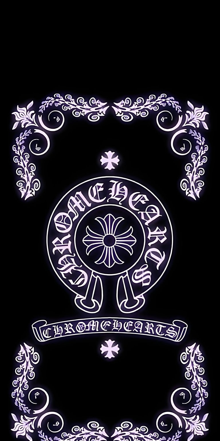 Get this Chrome Hearts wallpaper in stunning 4K for your iPhone, showcasing the cross emblem inside a circle and the logo in a banner. The black background is highlighted by intricate floral designs.