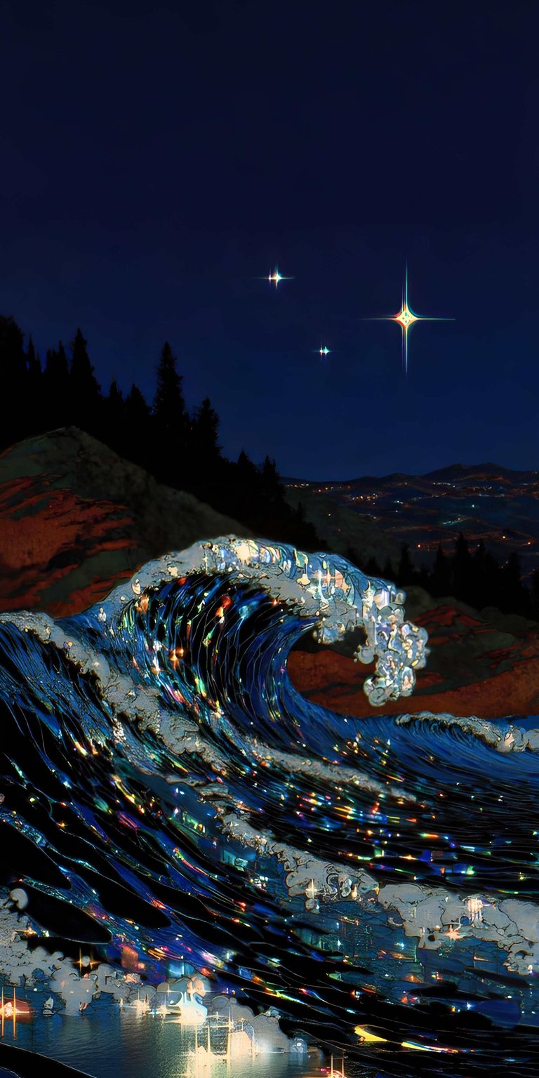 A breathtaking artistic edit of "The Great Wave off Kanagawa" by Hokusai, reimagined under a starry night sky. The crests of the waves are embedded with sparkling lights and jewels, reflecting the glow of a brilliant North Star. This wallpaper blends classic Japanese art with a modern, magical "Aesthetic" twist, creating a sense of wonder and motion.