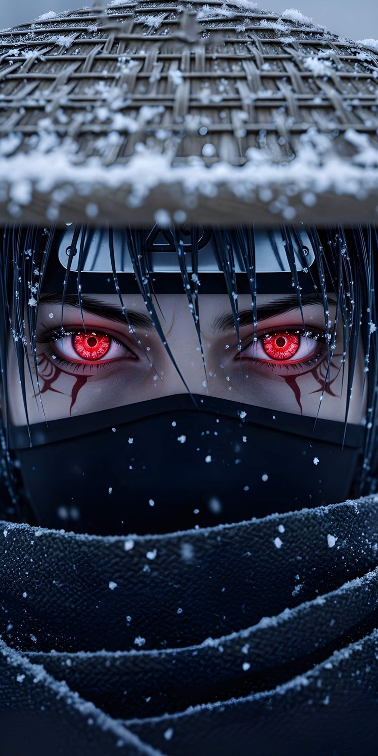 Download this Itachi Uchiha 4K wallpaper for your iPhone, showcasing his piercing red eyes and a straw hat dusted with snow. This stunning wallpaper highlights the intricate details of the character's design amidst a snowy backdrop.
