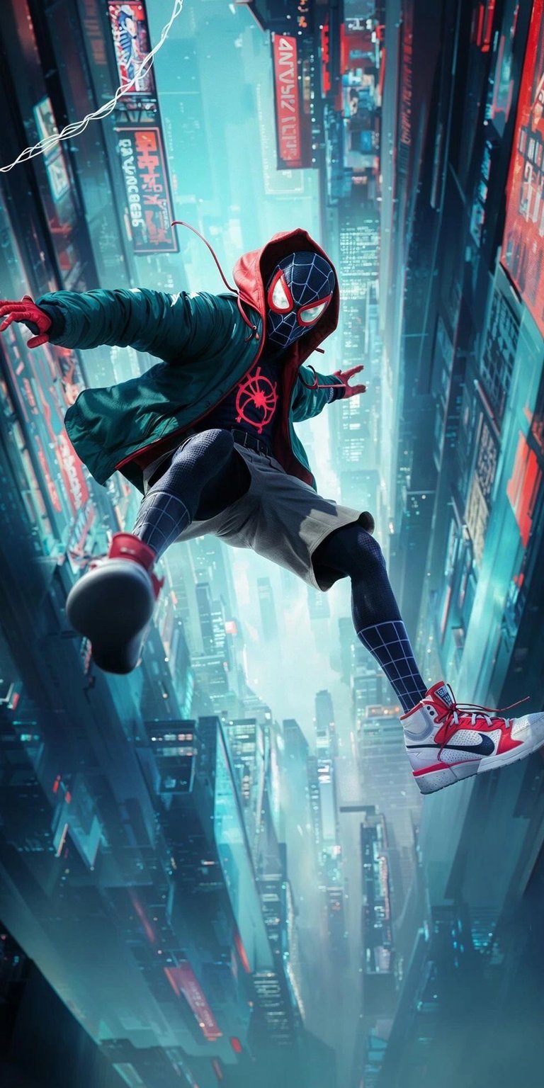 Download this dynamic Miles Morales wallpaper in stunning 4K for your iPhone! Featuring the iconic Spider-Man in mid-air with glowing red accents and a futuristic cityscape backdrop, this wallpaper is sure to impress.