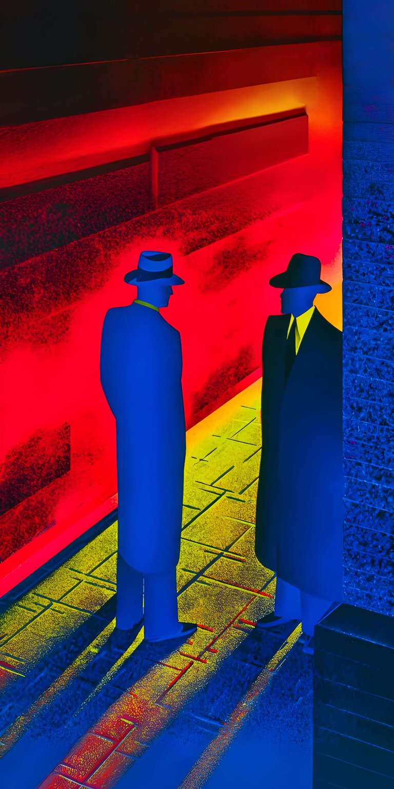 Install this striking Mafia Meeting 4K wallpaper on your iPhone! This wallpaper features two figures in hats standing in a corridor with vibrant red walls and a yellow tiled floor.