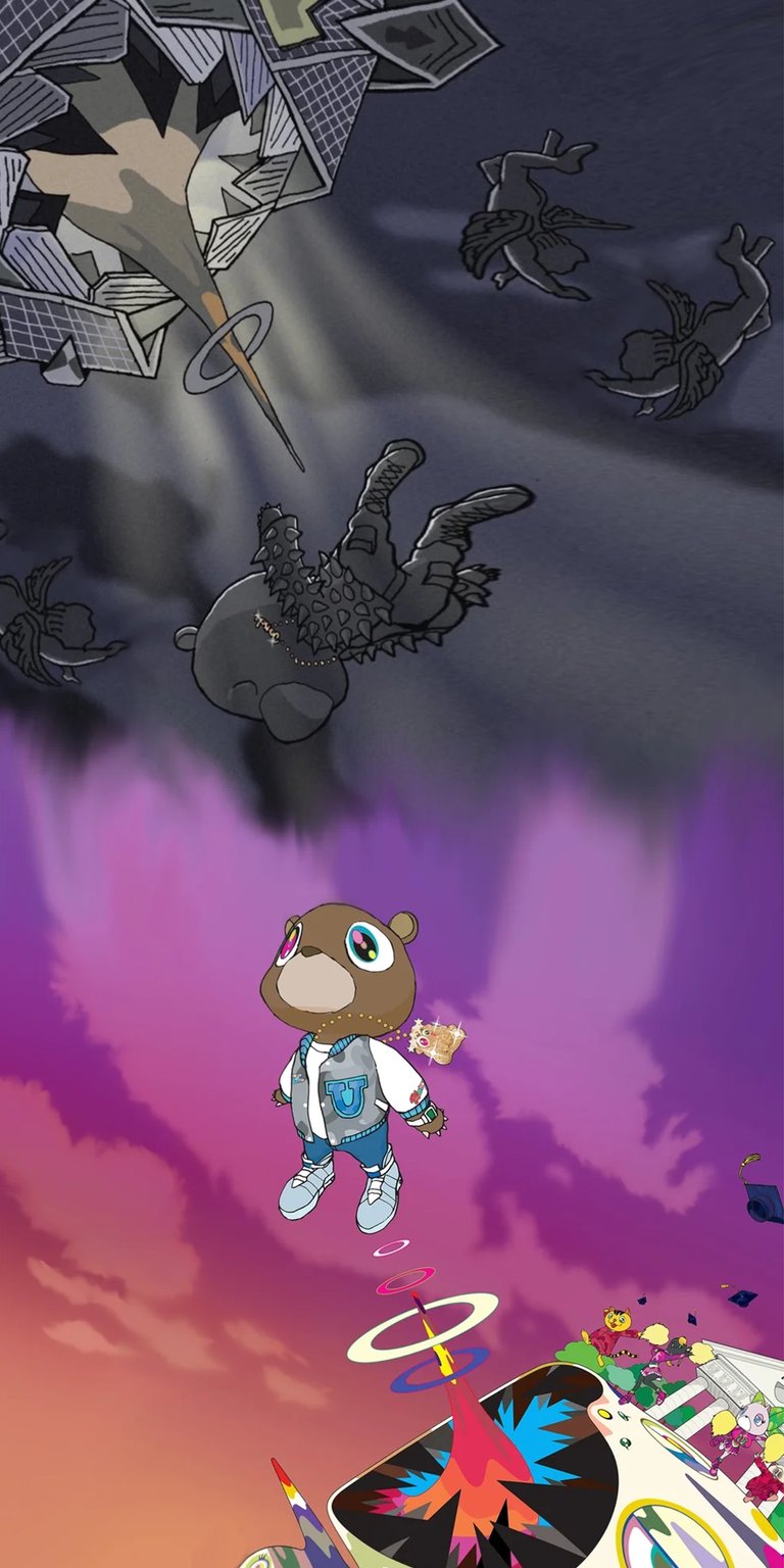 This Kanye Bear wallpaper in 4K features the Dropout Bear floating serenely against a dreamy, purple-hued backdrop, while a geometric structure looms above, pierced by a beam of light. It makes for a striking iPhone wallpaper.