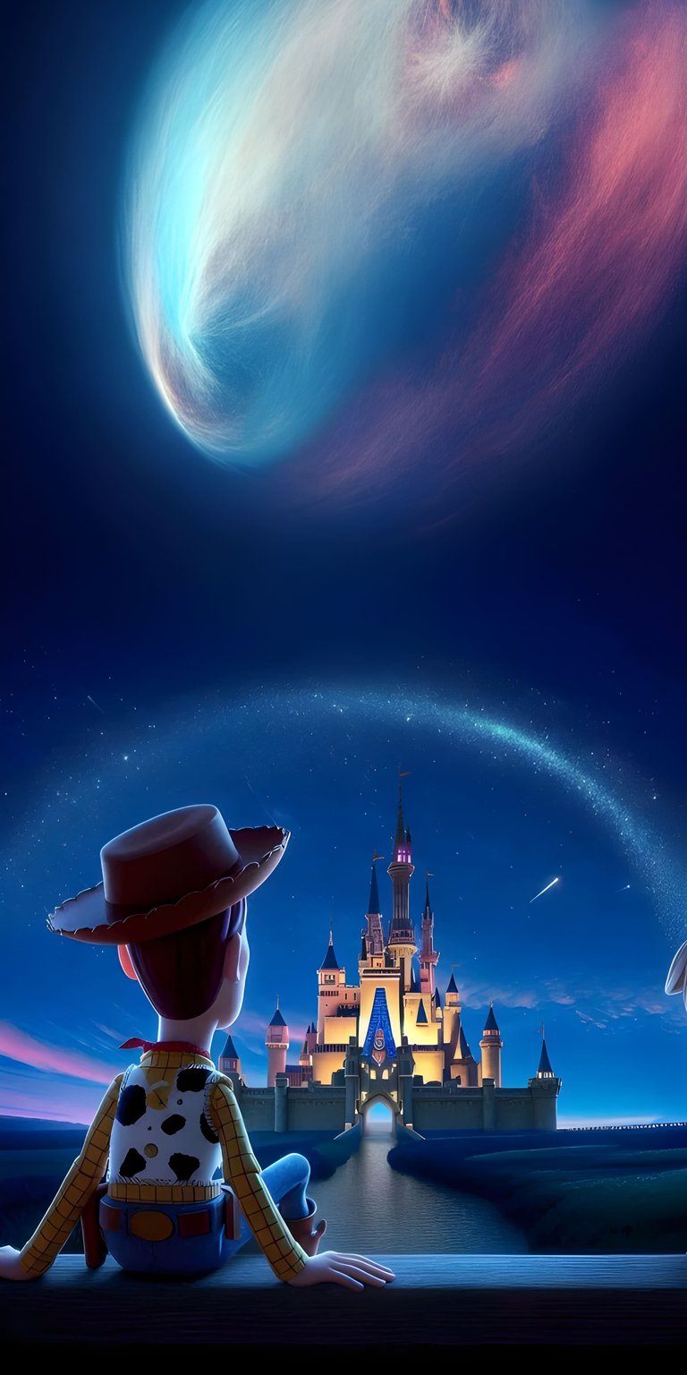 Download this stunning Woody 4K wallpaper for your iPhone, showcasing the iconic character gazing at a shooting star over the castle. This wallpaper captures the essence of childhood wonder with its starry sky and magical ambiance.