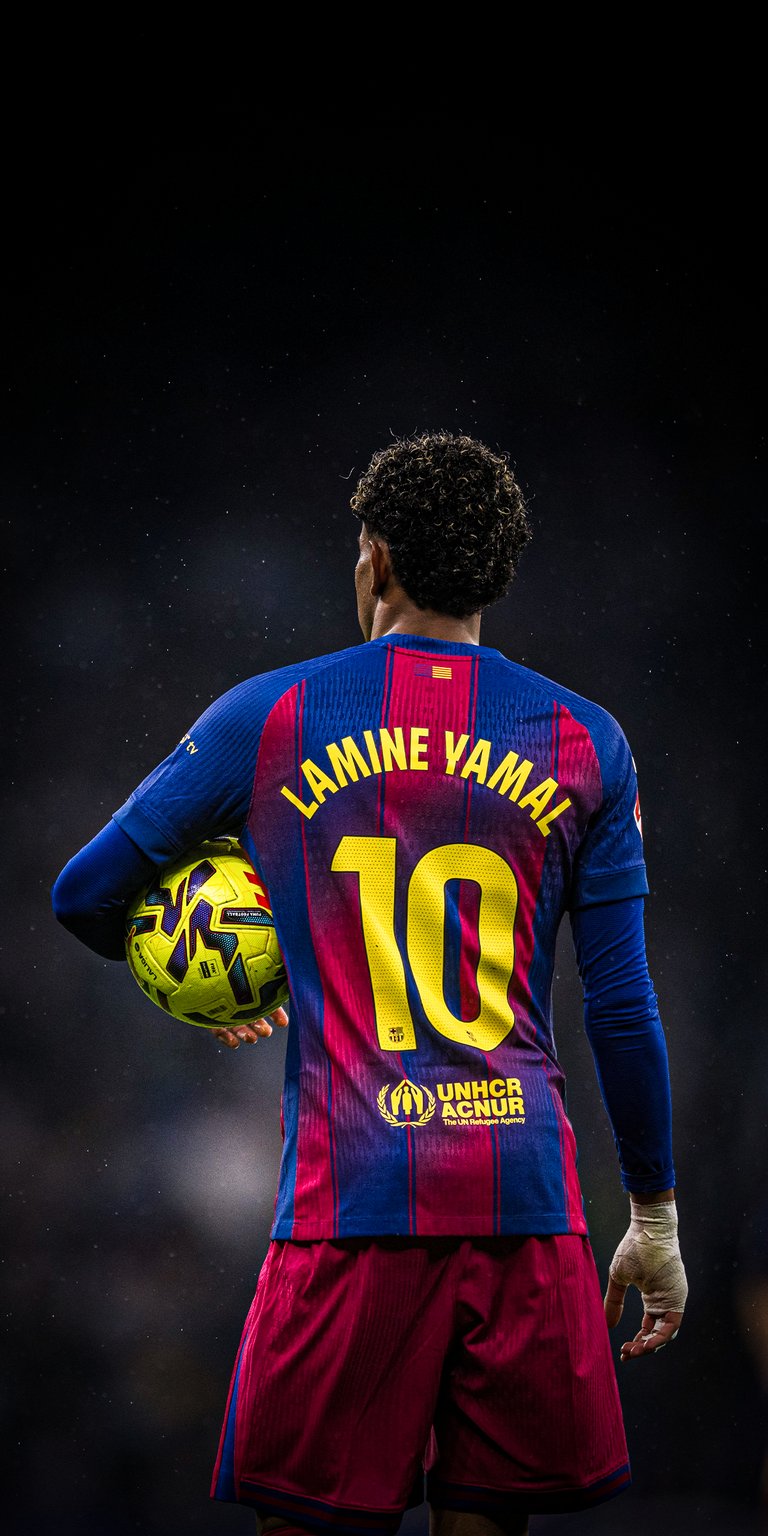 This high-quality 4K wallpaper features Lamine Yamal wearing the iconic Barcelona number 10 jersey while holding a yellow match ball. Perfect for your iPhone, this wallpaper captures the young star from behind against a sleek dark backdrop with a custom lock screen clock design.