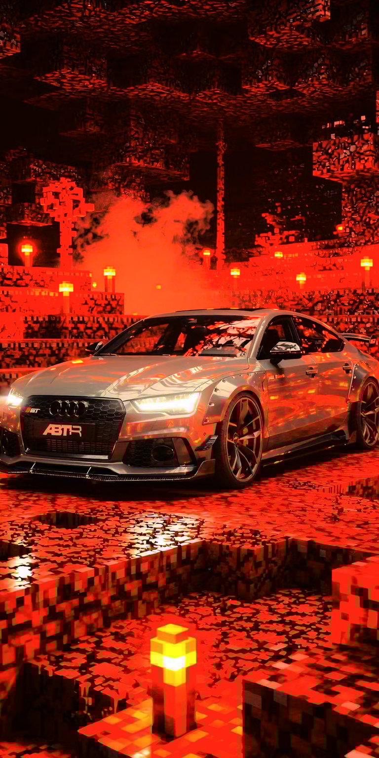 A cinematic side-profile of the custom ABT RS7-R resting on the rugged, blocky terrain of the Minecraft Nether. This view showcases the signature 22-inch ABT High Performance HR wheels and the car's lowered stance. The deep red hues of the environment reflect off the metallic body, creating a moody, intense vibe that highlights the "R" series' aggressive silhouette against a backdrop of glowing embers.