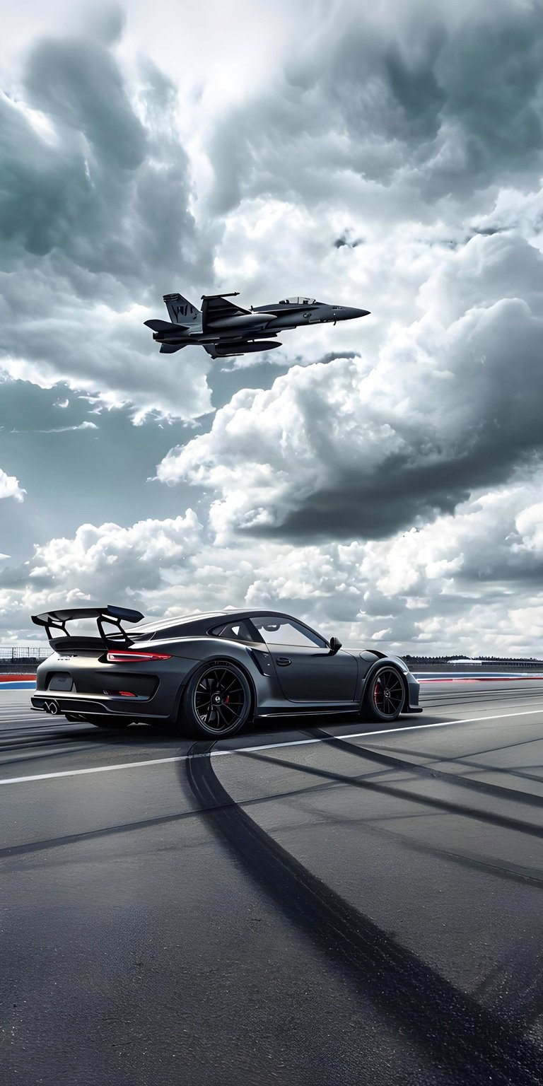 Experience the ultimate speed pairing with this 4K wallpaper featuring a black Porsche 911 GT3 and a low-flying fighter jet. This iPhone wallpaper utilizes 3D spatial layering to place the clock between the car and the sky for a dynamic visual experience.