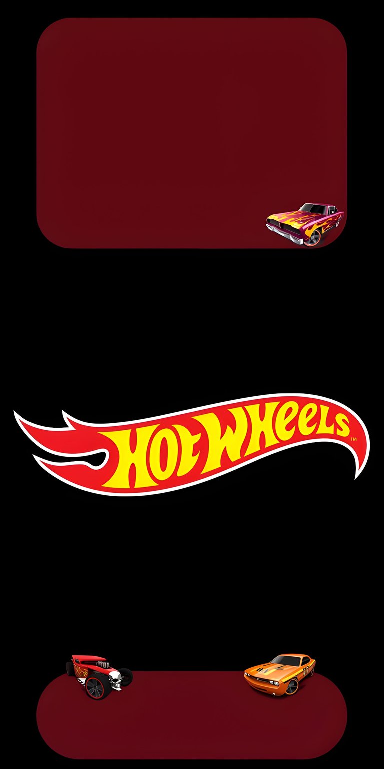 A nostalgic yet modern tribute to the world's most famous toy car brand. This wallpaper features a classic American muscle car design with the iconic Hot Wheels flame logo. Set against a deep red and black background, this high-contrast image is perfect for car enthusiasts and collectors who appreciate automotive toy history and bold, vibrant colors.