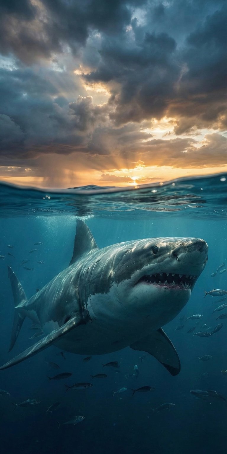 Bring the ocean's most formidable predator to your lock screen with this 3D spatial Great White Shark wallpaper. The image captures a hyper-realistic shark emerging from the deep blue, with sunlight filtering through the water's surface to create a stunning depth effect. Designed specifically for depth-effect displays, it makes the "Apex Predator" feel like it’s swimming right behind your clock and widgets.