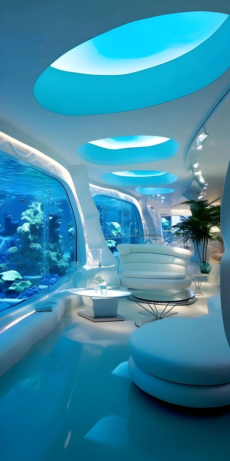 Download this futuristic room wallpaper in stunning 4K for your iPhone. This unique wallpaper showcases a glossy aqua floor, marine life aquarium, and a modern white lounger.