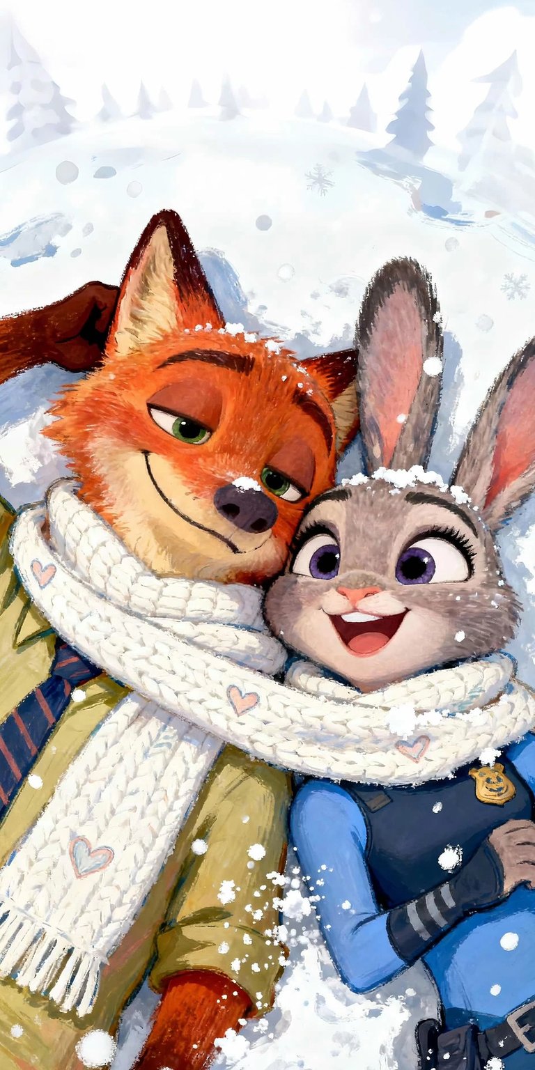 Download this heartwarming Nick Wilde and Judy Hopps 4K wallpaper for your iPhone, featuring the duo bundled in a cozy white scarf. This adorable wallpaper showcases the pair covered in snow, with Nick sporting a green tie and Judy wearing her police badge.