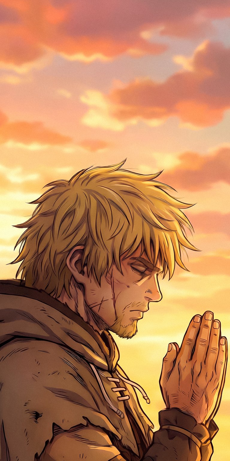 Download this high-quality Thorfinn wallpaper in 4K, perfect for your iPhone, showcasing his blonde hair and the striking scars on his face. This stunning wallpaper captures Thorfinn against a backdrop of vibrant orange clouds, making it an ideal wallpaper for any fan.