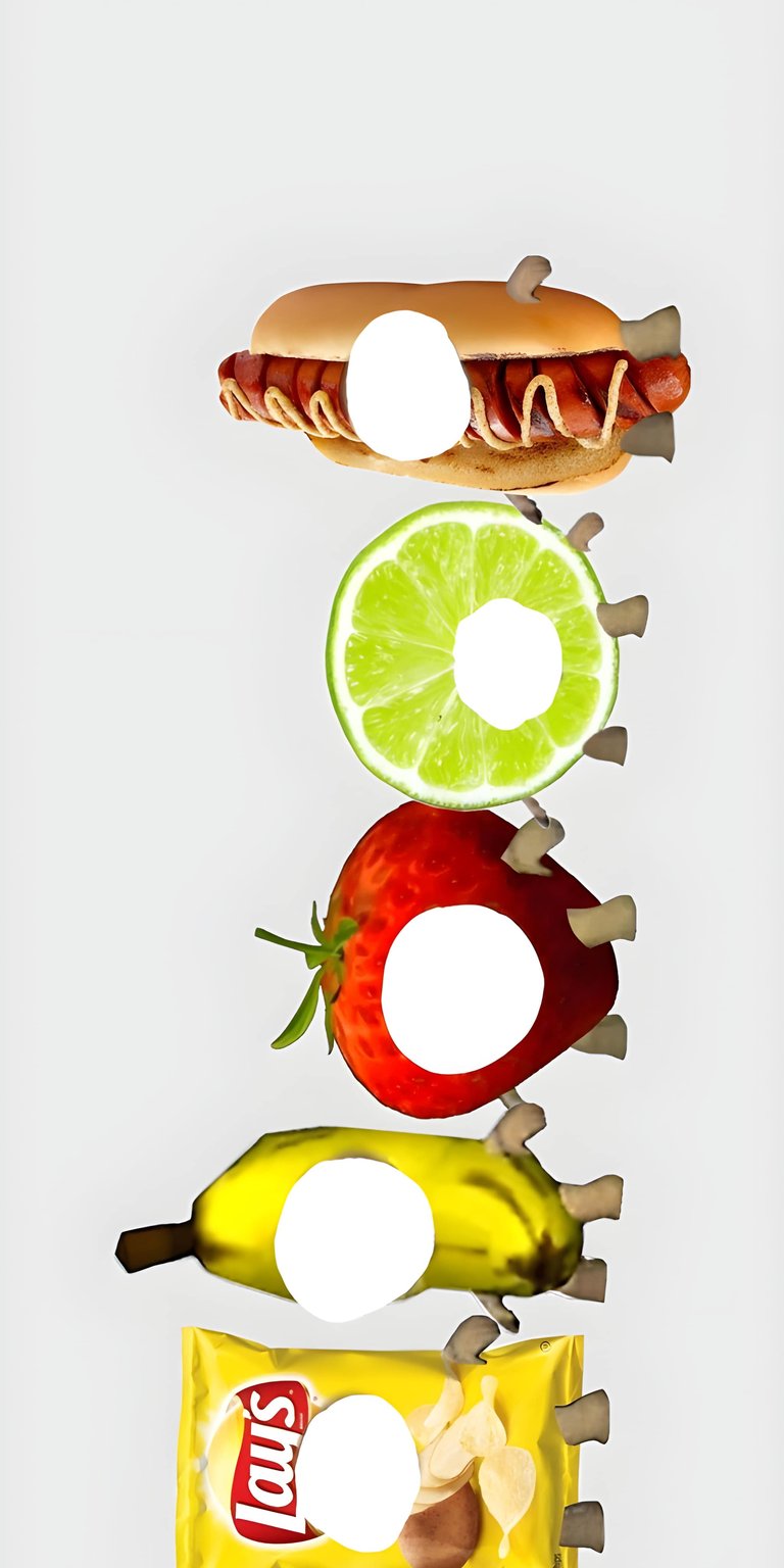 This minimalist wallpaper features a creative vertical stack of diverse food items against a clean, neutral background. Designed specifically for iPhone, this wallpaper utilizes whimsical cutouts and vibrant pops of color to create a playful, modern aesthetic.