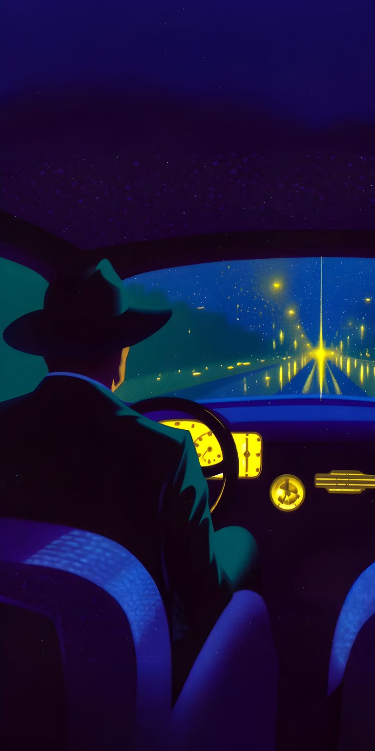 Download this aesthetic wallpaper for your iPhone, featuring a man driving at night in 4K. The vibrant yellow of the dashboard and the glow of the streetlights against a starlit sky make this a unique wallpaper.