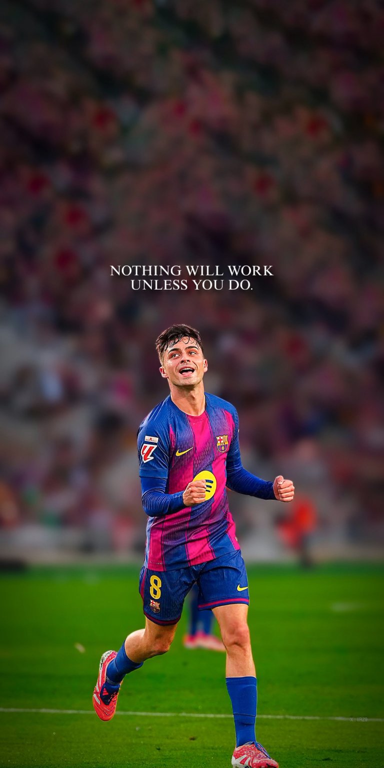 Capture the electrifying energy of young football sensation Pedri of FC Barcelona right on your device. This stunning live wallpaper features Pedri in a passionate mid-celebration moment on the pitch, overlaid with the powerful, motivating quote: "Nothing will work unless you do." Perfect for fans who love the beautiful game and need a daily reminder of the dedication required for success. The vibrant blue and garnet kit and blurred stadium backdrop create a dynamic and immersive aesthetic.