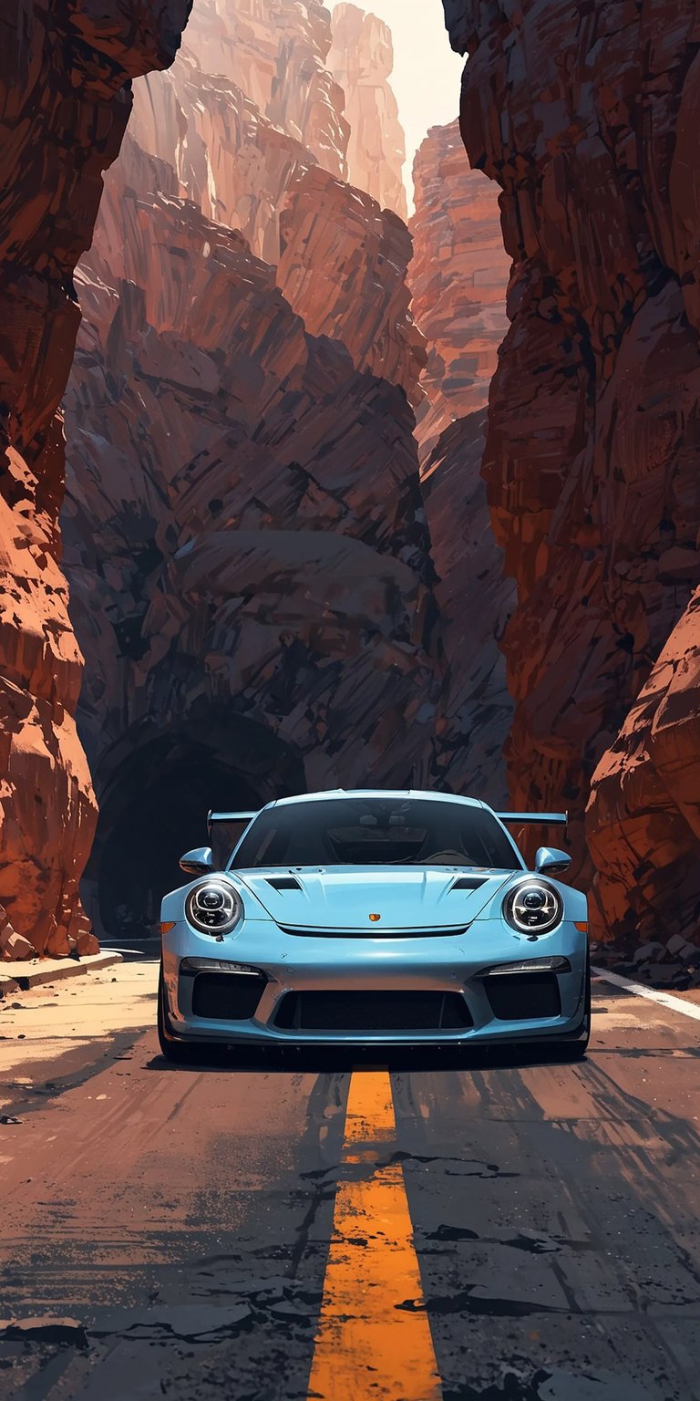 Enhance your iPhone screen with this stunning Porsche 4K wallpaper, featuring a light blue sports car.  Note the yellow stripe road, the canyon walls, and the car's racing spoiler in this wallpaper.